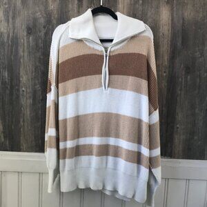 aerie brown & white striped oversized cotton 1/4 zip sweater size M